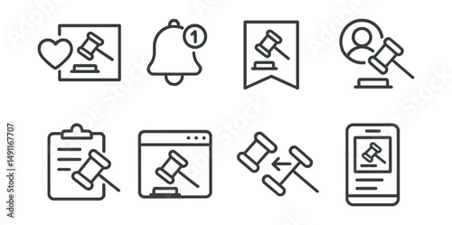 Line style icons of digital auction interactions: like to watch item, notification of new bid, save to bid list, active bidder status, bid history log, bid review tab, counterbid alert, app auction