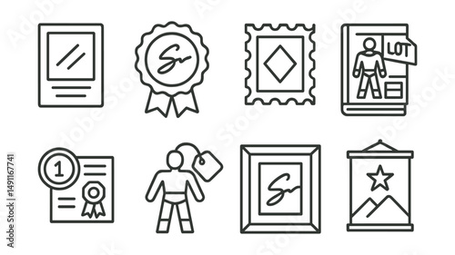 Line style icons of collectibles in auction: trading card icon, signed memorabilia badge, rare stamp icon, comic book with lot number, coin + certificate icon, action figure tag, signed photo frame,
