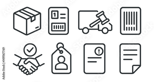 Line style icons of auction logistics and delivery: packaging item icon, shipping label with lot number, delivery truck + gavel icon, item tracking barcode, handoff confirmation symbol, winner info