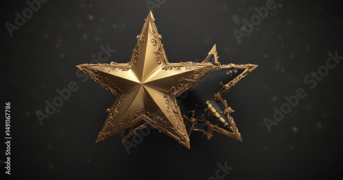 Ornate gold star, metallic texture, black background,  sparkle,  ray,  metal