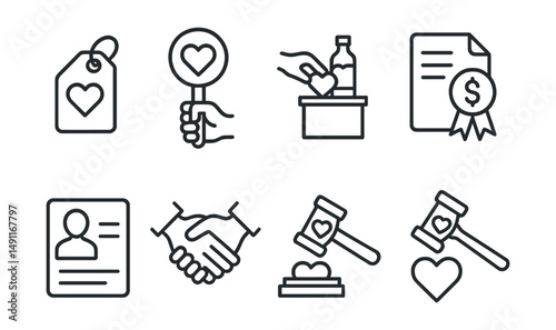 Line style icons of donation-based auctions: proceeds to charity tag, fundraising paddle icon, item donated for sale, donation summary + auction badge, beneficiary profile card, sponsor + auction