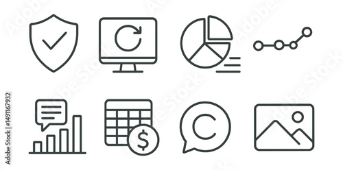 Line style icons of transparency and trust: verified campaign shield, real-time total update, funding breakdown icon, timeline of deliverables, communication frequency chart, fund accountability