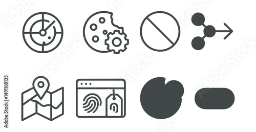 Line style icons of cookie and tracker visibility: tracker radar symbol, cookie settings icon, opt-out badge, third-party icon + arrow, tracking map icon, website + fingerprint tag, cookie with info