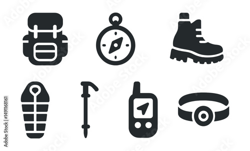 Solid style icons of outdoor travel gear: hiking backpack, compass, water bottle, hiking boots, sleeping bag, trekking pole, GPS device, headlamp.