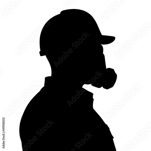 Silhouette of a male oil and gas worker wearing a protective gas mask, exuding focus and determination, against a clean white background, industrial concept of safety and construction