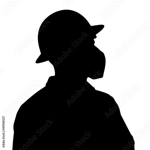 Silhouette of a male oil and gas worker wearing a hard hat and mask, standing confidently against a plain white background, concept of safety in the energy industry
