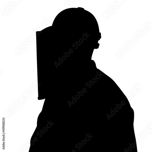 Silhouette of a male oil and gas worker in a safety helmet looking away against a plain white background, industrial safety concept of construction or energy sector