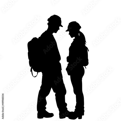 Silhouette of a male and female worker in safety gear engaging in conversation against a plain white background, construction and energy industry concept