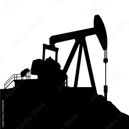 Silhouette of an oil pump jack functioning against a white background, representing fossil fuel extraction and energy production, concept of oil industry and energy companies