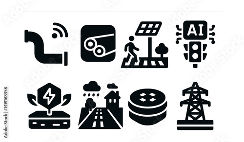 Solid style icons of city infrastructure evolution: smart pipe, cable trench, solar crosswalk, AI stoplight, green energy node, climate-resistant street, smart manhole, energy grid layer.