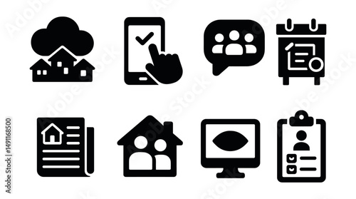 Solid style icons of digital neighborhood features: community cloud, app-based voting, local chatroom, event board, neighborhood news, co-living icon, digital block watch, resident poll.