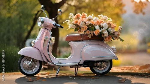 Charming Pink Vespa with Flower Basket in Summer Garden