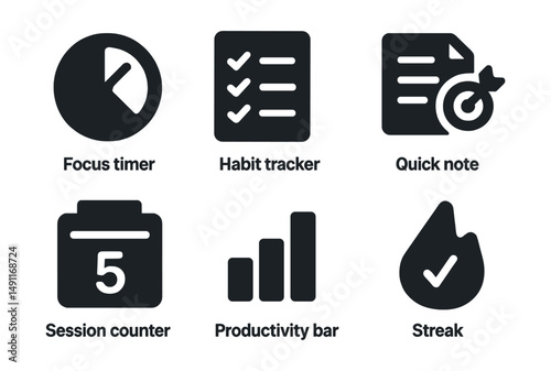 Solid style icons of remote productivity widgets: focus timer, habit tracker, quick note, daily goal icon, session counter, productivity bar, end-of-day check, streak icon.