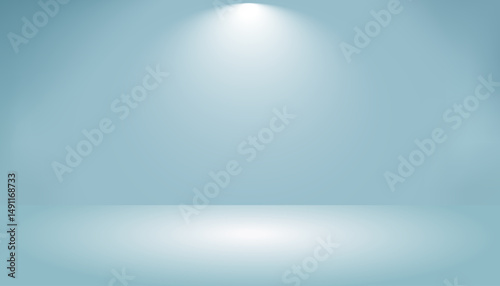 3D studio with light blue background with top light shining down on the floor. Abstract gradient backdrop wall. Editable illustration for product display.
