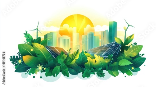 Eco-friendly cityscape illustration with solar panels and plants.
