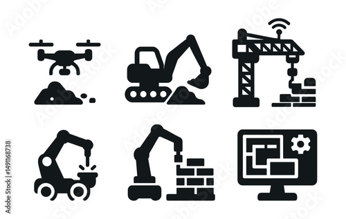 Solid style icons of architectural robotics: site drone, autonomous digger, smart crane, robotic bricklayer, precision cutter, layout robot, robotic printer, AI planner screen.