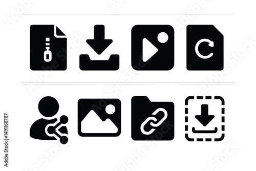 Solid style icons of file and asset sharing: zip file, download icon, media library, file request, share permission, preview thumbnail, folder link, drag-and-drop box.