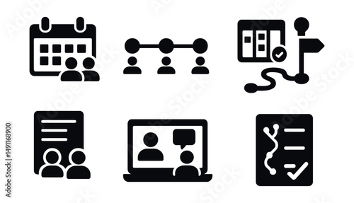 Solid style icons of collaborative planning: shared calendar, team timeline, sprint board, milestone icon, team agenda, sync session, roadmap path, planning checklist.