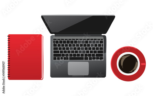 laptop red notebook and a cup of coffe - vector illustration