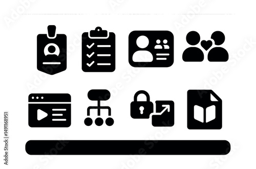Solid style icons of onboarding remote team members: welcome badge, setup checklist, team intro card, mentor match, first task icon, onboarding flow, access request, handbook file.