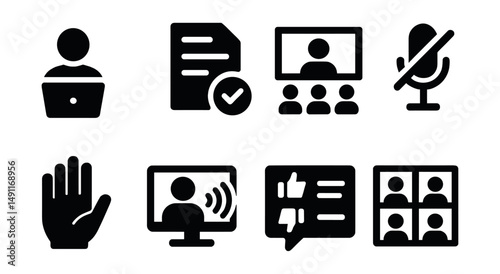 Solid style icons of hybrid meeting features: join remotely, shared agenda, in-room icon, mute all, raise hand, speaker view, feedback poll, screen grid.