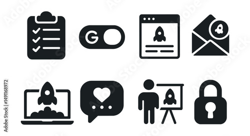 Solid style icons of pre-launch stage: launch checklist, go-live switch, landing page icon, beta invite, launch teaser, user feedback, final pitch, early access.