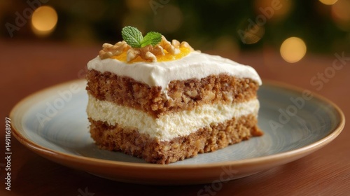 Slice of cake on a blue plate. the cake appears to be a layered dessert with layers of white frosting on top. the frosting is drizzled with a light orange sauce and topped with chopped nuts.