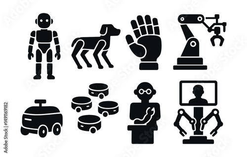 Solid style icons of robotics innovation: humanoid robot, agile robot dog, soft robotic hand, AI factory arm, warehouse bot, swarm robots, teaching robot, remote surgeon bot.