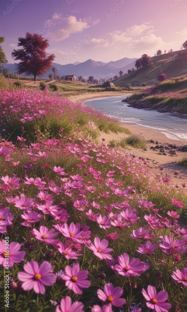 Obraz premium Pink & purple cosmos waves, idyllic rural scene, graphic, botany, flowers