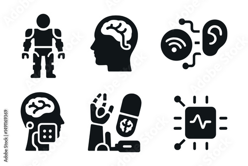 Solid style icons of human augmentation tech: exoskeleton suit, neural implant, smart contact lens, sensory feedback chip, brain-machine interface, prosthetic control, cognitive booster, haptic patch