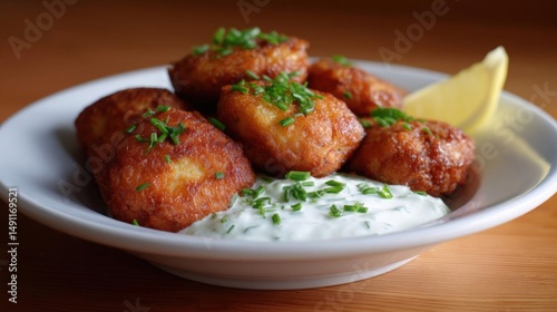 White bowl filled with six golden-brown, crispy fried food items. the food appears to be tater tots, which are round and have a crispy texture.