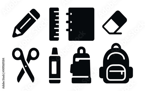 Solid style icons of school supplies: pencil, ruler, notebook, eraser, scissors, glue stick, backpack, calculator.