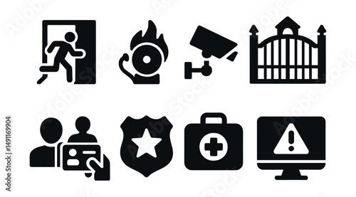 Solid style icons of school safety: emergency exit, fire drill icon, security camera, school gate, ID check, school police badge, medical kit, lockdown alert.