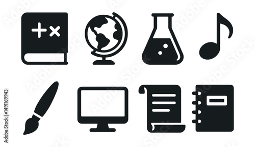 Solid style icons of school subjects: math book, globe, beaker, music note, paintbrush, computer icon, history scroll, language notebook.