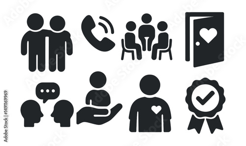 Solid style icons of support networks: peer support icon, hotline phone, group therapy circle, safe space door, trusted friend chat, family support hand, helper icon, ally badge.