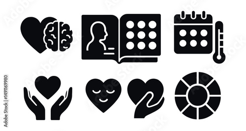 Solid style icons of emotional self-care: heart and brain icon, self-reflection journal, feelings chart, daily mood tracker, emotional thermometer, self-compassion hands, calm heart, emotion wheel.