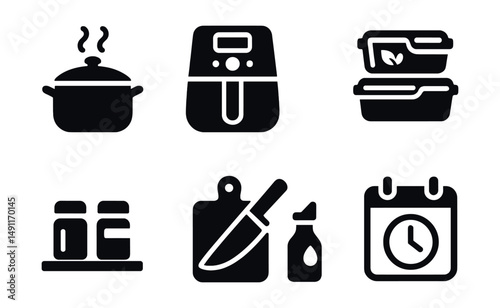 Solid style icons of healthy cooking: steaming pot, air fryer icon, stir-fry pan, meal prep containers, cooking oil limit, spice rack, chopping board, cooking schedule.