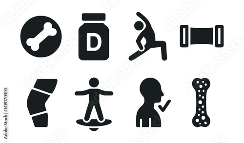 Solid style icons of joint and bone health: calcium icon, vitamin D bottle, stretching pose, resistance band, knee support, balance board, posture check, bone structure.