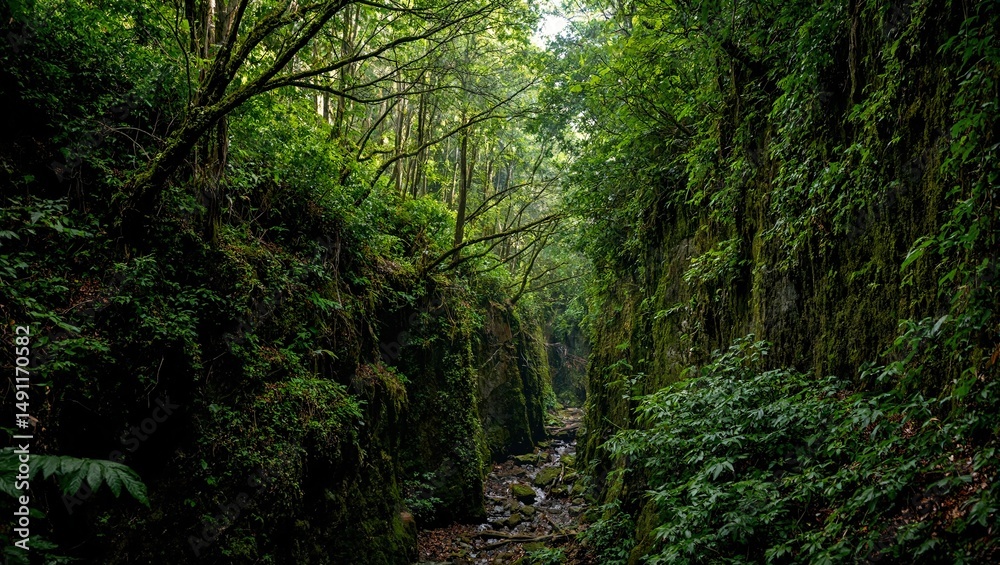 Obraz premium Lush jungle gorge with moss covered walls and verdant trees creating a mystical enveloping atmosphere