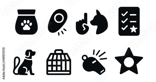Solid style icons of pet training tools: treat pouch, clicker, command card, reward chart, leash training icon, crate icon, whistle, obedience star.