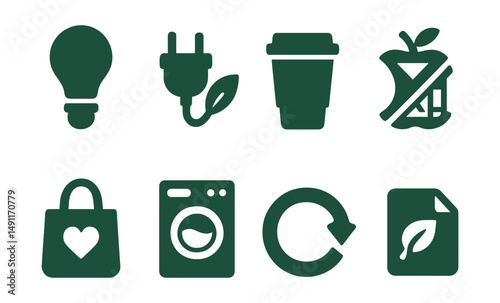 Solid style icons of green habits: turn off light, unplug device icon, bring your own cup, food waste cut, thrift shopping bag, minimal laundry icon, second-hand badge, paperless option.