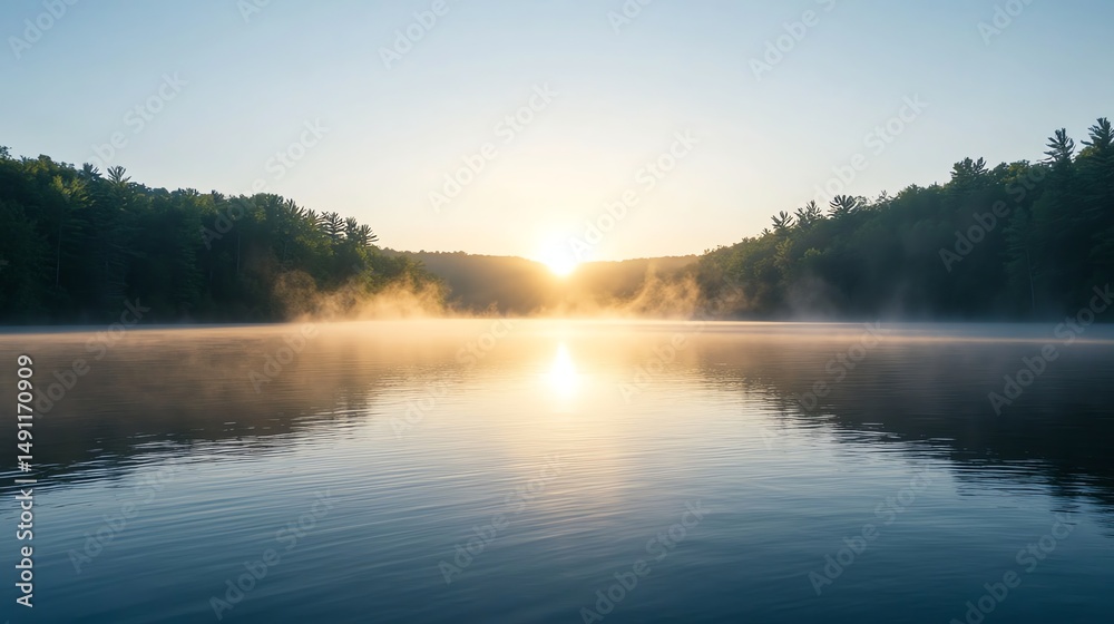 Obraz premium A serene lake is shrouded in mist beneath a vibrant sunrise.