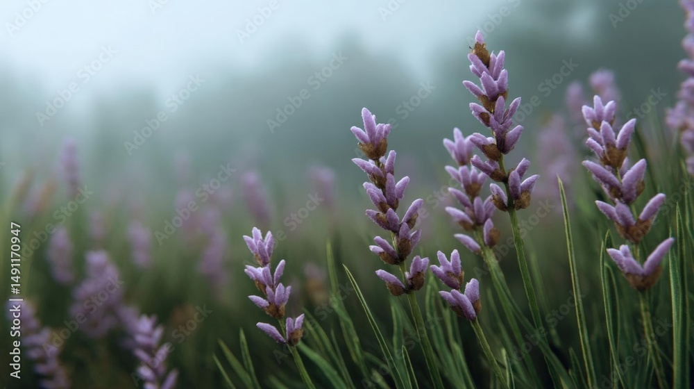 Obraz premium Close-up of a field of lavender flowers. the flowers are in full bloom, with their petals a soft purple color and their stems and leaves a vibrant green.