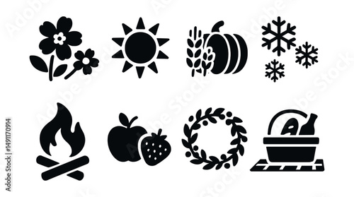 Solid style icons of seasonal festivals: spring blossom, summer solstice sun, autumn harvest, winter snowflakes, bonfire icon, seasonal fruit, seasonal wreath, outdoor picnic.
