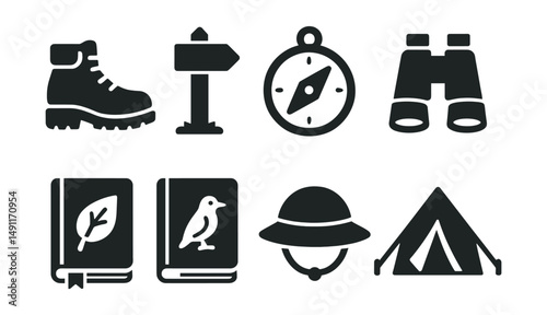 Solid style icons of outdoor exploration: hiking boot, trail marker, compass icon, binoculars, nature journal, field guide, explorer hat, camping tent.