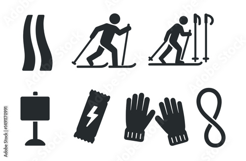 Solid style icons of cross-country skiing: ski track icon, skier stride, classic technique, ski poles in snow, trail marker, energy snack icon, winter gloves, snow loop trail.