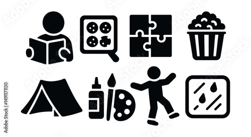 Solid style icons of rainy day vacation ideas: indoor reading, baking tray, puzzle game, movie popcorn, blanket fort, art supplies, dance in socks, rainy window icon.