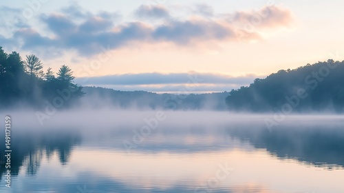 A serene lake is shrouded in fog beneath a vibrant sunrise.