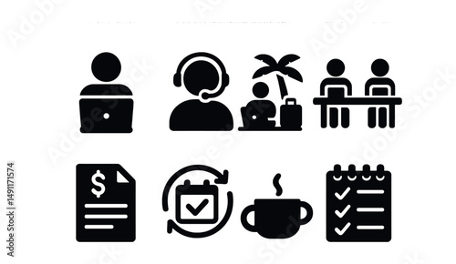 Solid style icons of freelance and remote jobs: laptop worker, remote call icon, digital nomad badge, coworking desk, freelance invoice, flexible schedule icon, remote coffee, task planner.