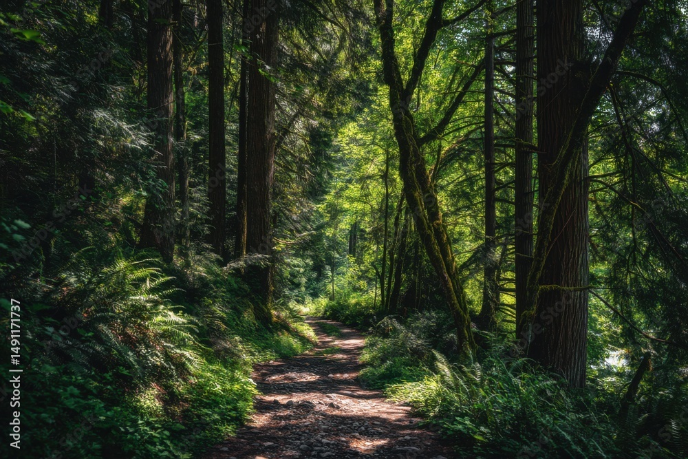 Sunlit Forest Path Through Lush Greenery, Ideal for Outdoor Adventure and Nature Getaways, Showcasing Environmental Awareness and Ecotourism : Generative AI Sunlit Forest Path Through Lush Greenery, Ideal for Outdoor Adventure and Nature Getaways, Showcasing Environmental Awareness and Ecotourism : Generative AI